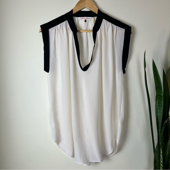 Rebecca Taylor Two Tone Scoop Neck Short Sleeve Silk Blouse - Size 4 - Picture 3 of 11